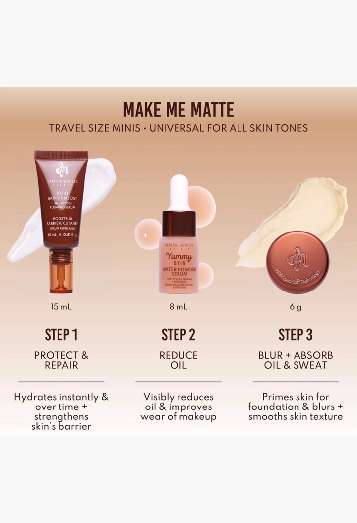 GLAM MODA Danessa Myricks Beauty mini skin prep kit featuring barrier serum, water powder serum, and matte balm.
