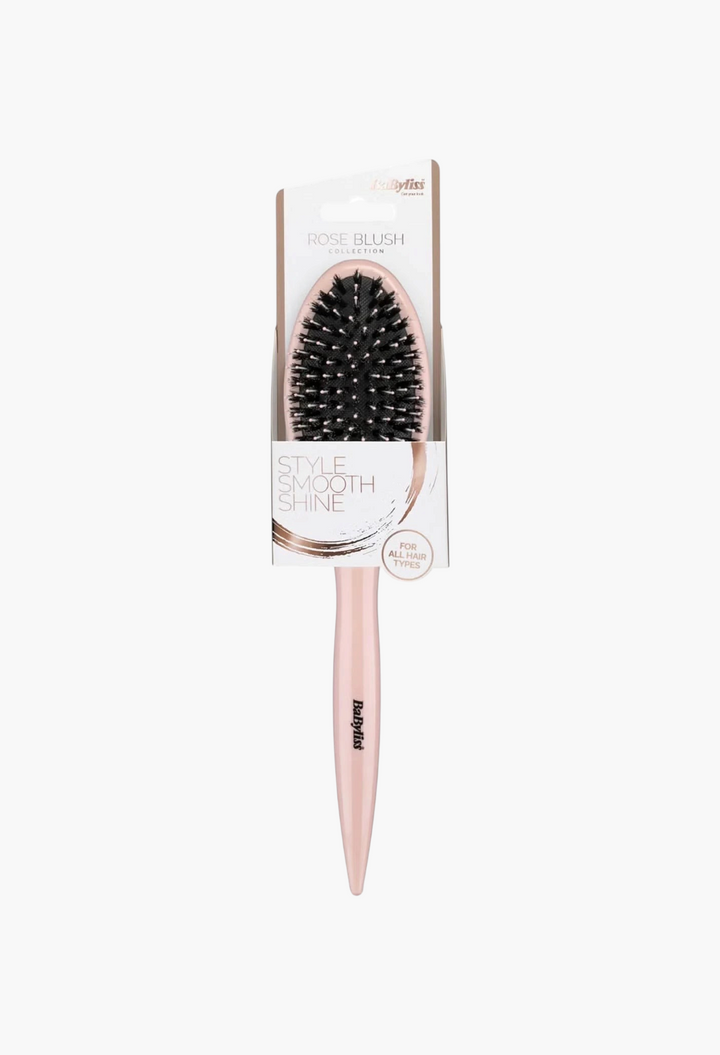 GLAM MODA BaByliss Rose Blush smoothing hair brush with black bristles and a rose gold handle in retail packaging
