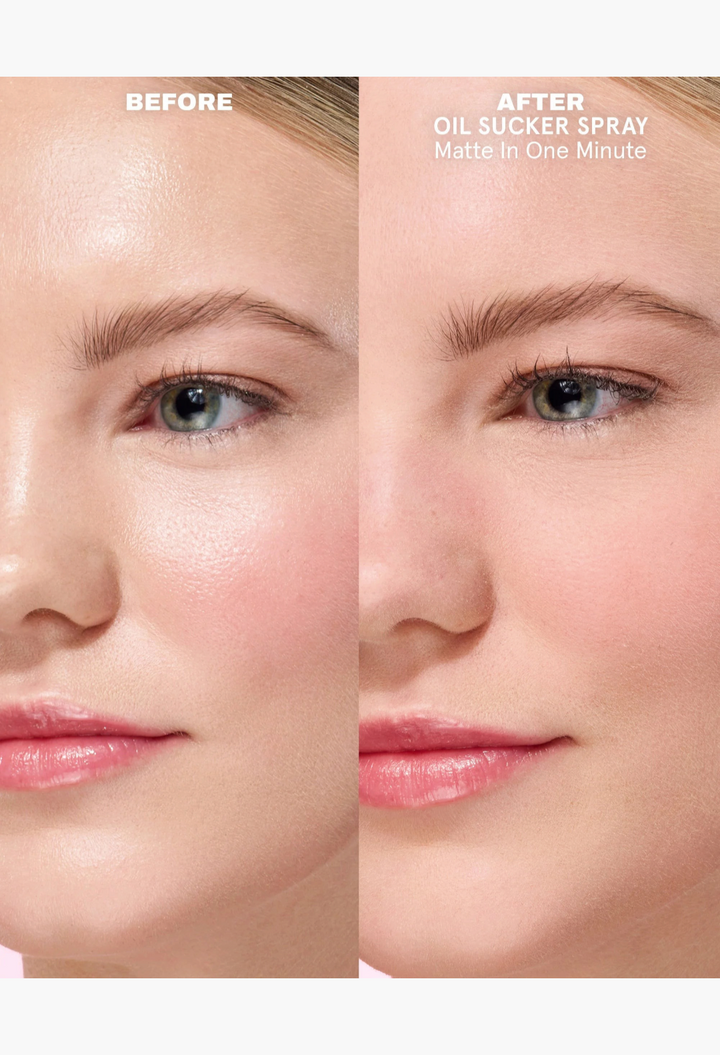GLAM MODA Oil Sucker Prep & Refresh duo showing a before and after comparison of skin shine control and matte finish.