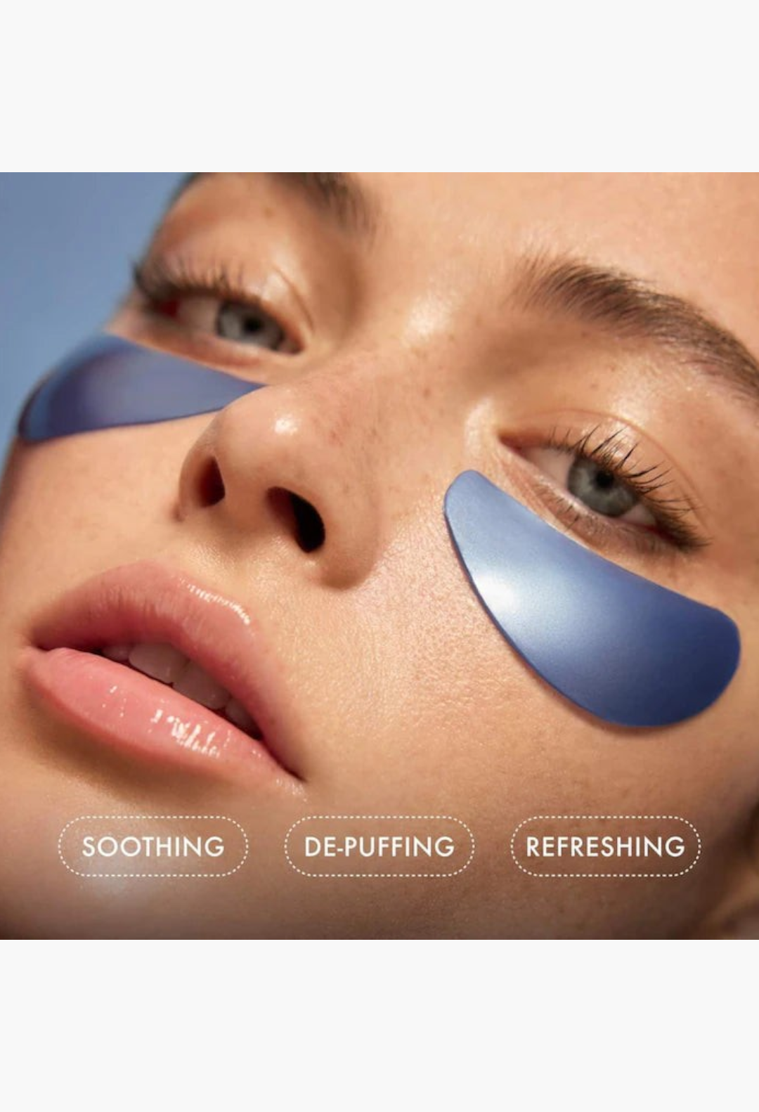 GLAM MODA skincare prep set featuring Summer Fridays blue under-eye patches on a model for a refreshed look