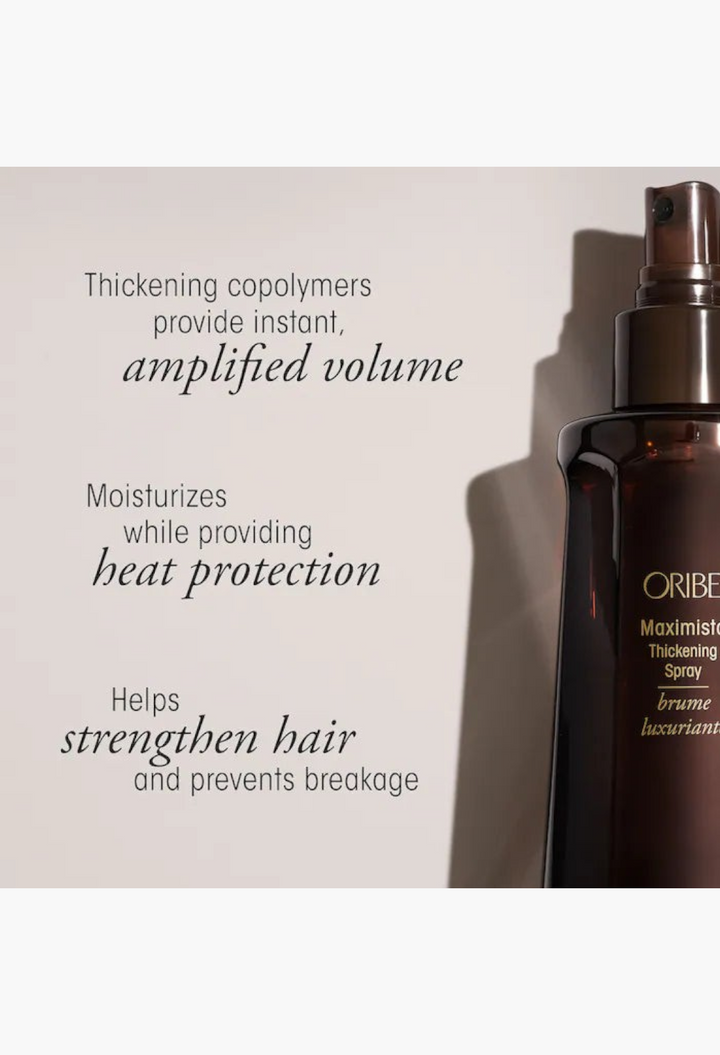GLAM MODA Oribe Maximista thickening spray bottle with text highlighting volume, heat protection, and hair strength.