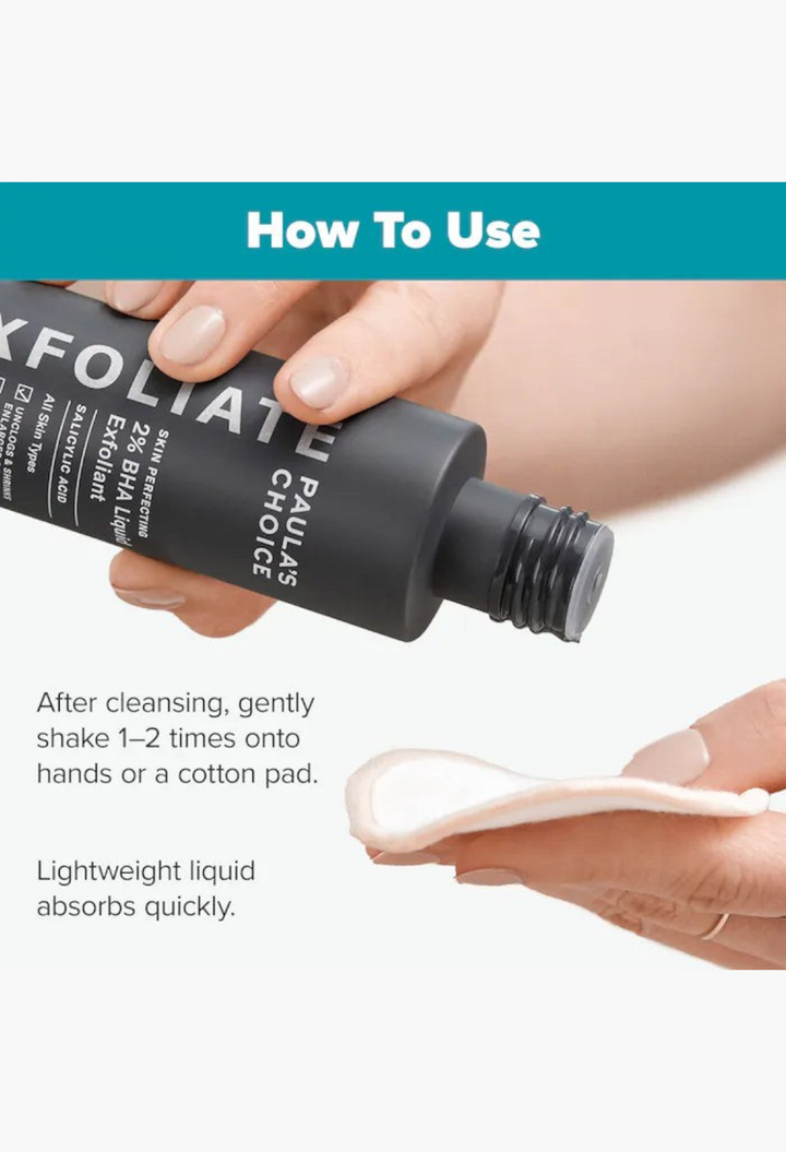 GLAM MODA Skin Perfecting 2% BHA liquid exfoliant being poured onto a cotton round for facial application.