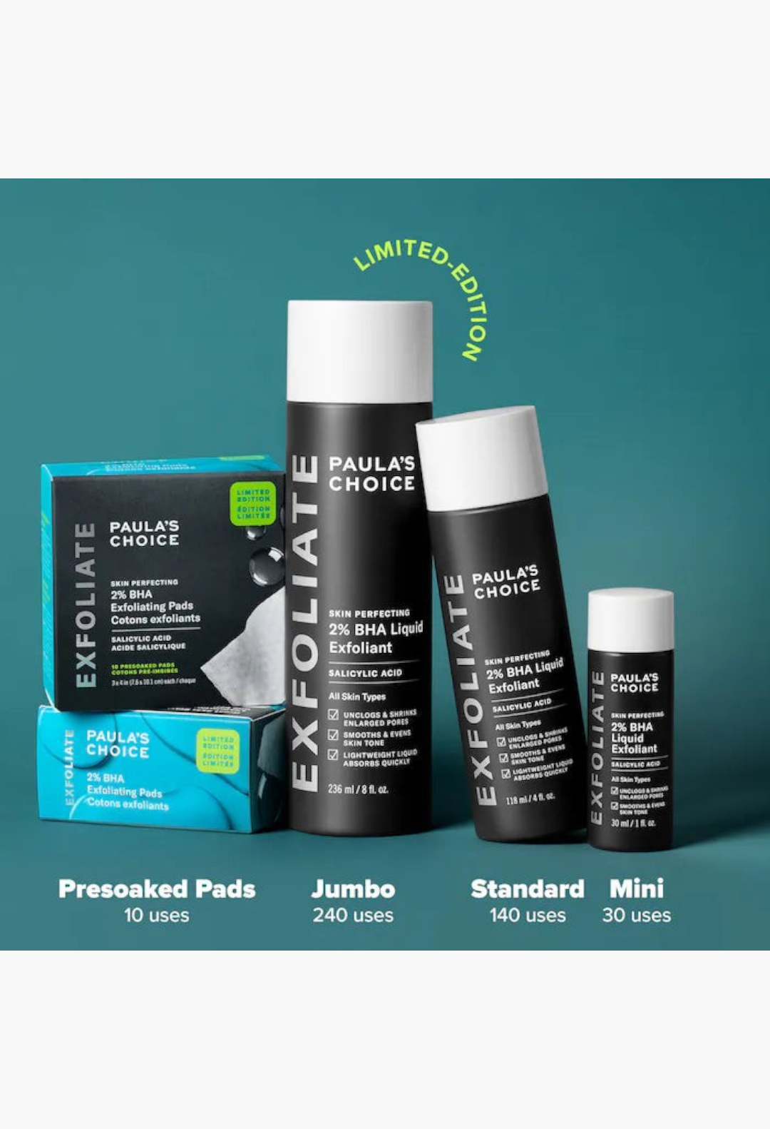 GLAM MODA collection of Paula's Choice 2% BHA liquid exfoliants and exfoliating pads for clear, smooth skin.