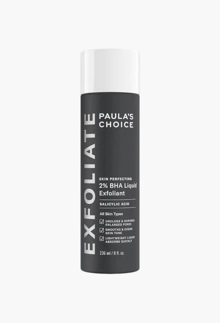 GLAM MODA Paula's Choice Skin Perfecting 2% BHA liquid exfoliating toner in a black bottle with white cap