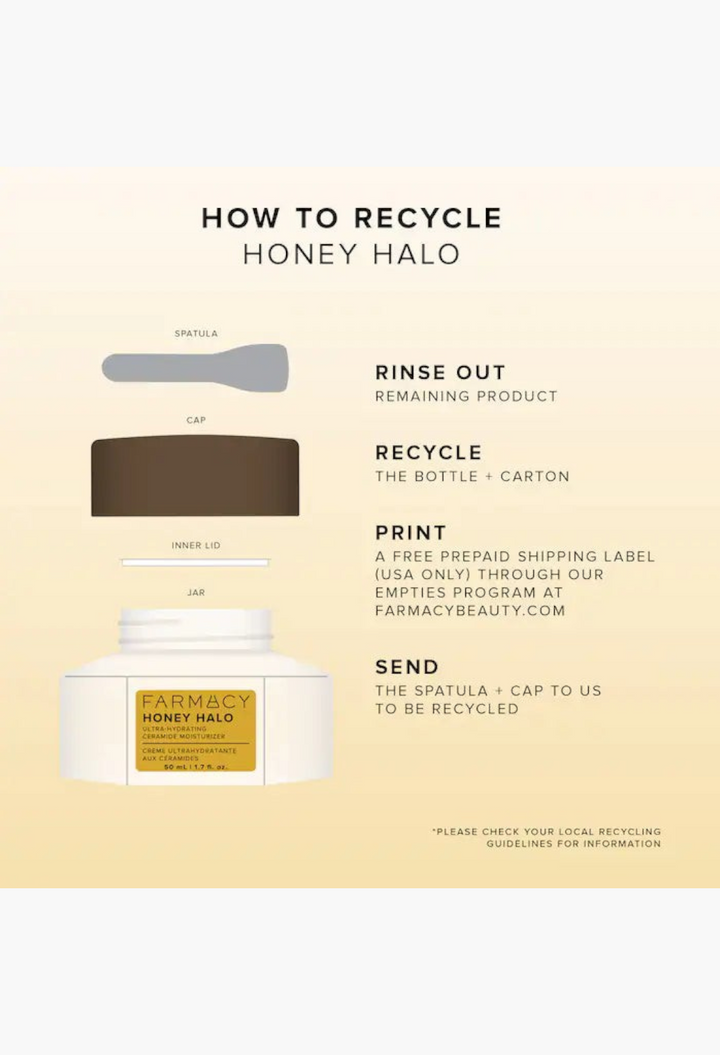 GLAM MODA Honey Halo moisturizer jar with spatula and recycling instructions for sustainable skincare packaging
