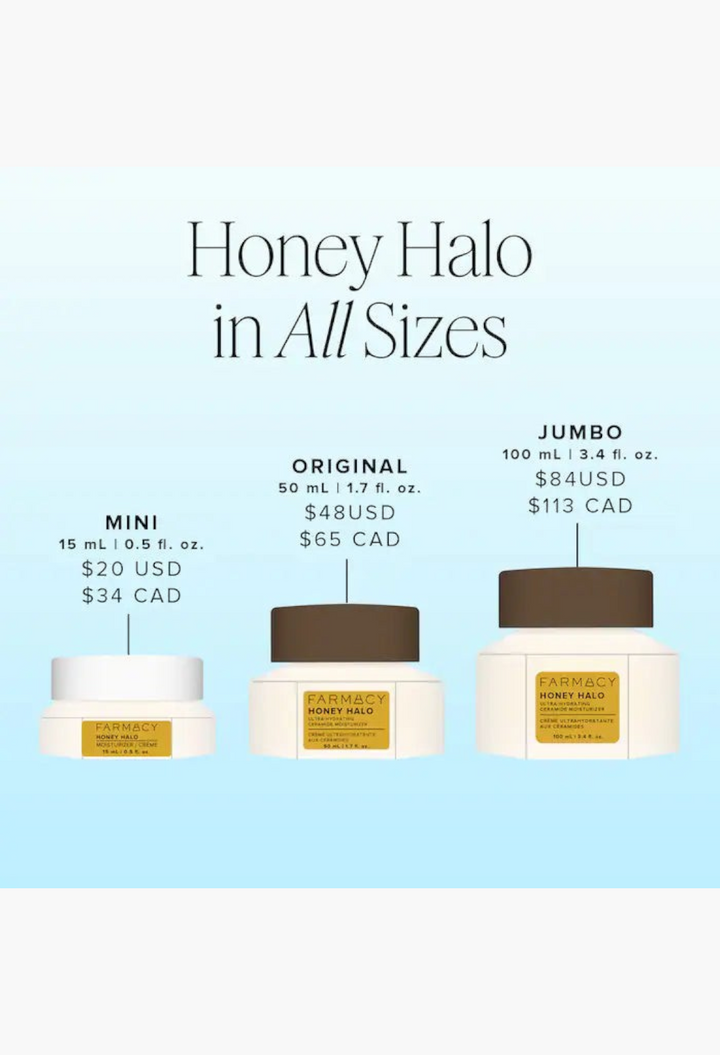 GLAM MODA Honey Halo ceramide moisturizer jars in mini, original, and jumbo sizes for dry skin hydration.