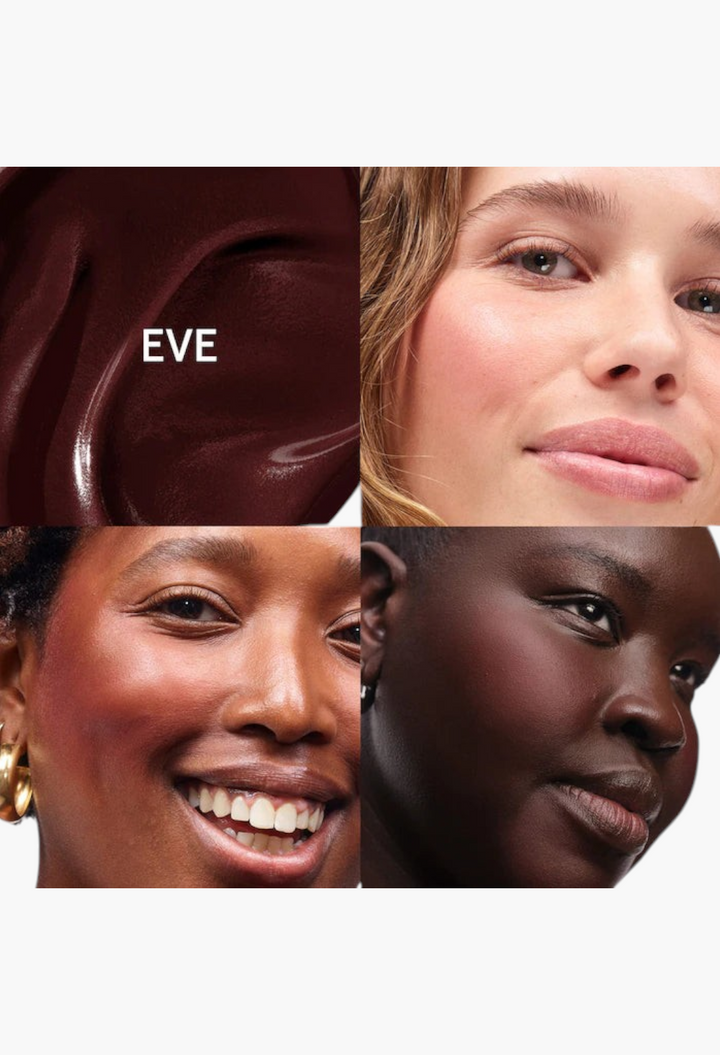 GLAM MODA Cloud Paint gel-cream blush in shade Eve, shown as a swatch and applied on diverse skin tones.