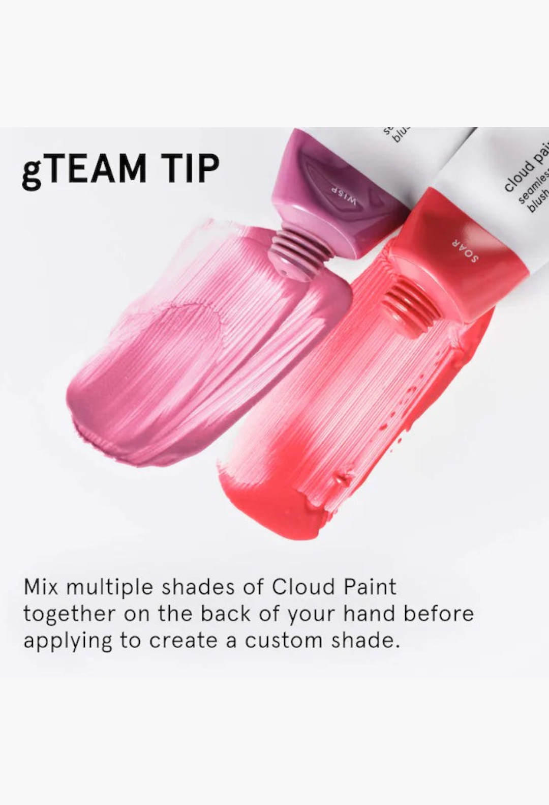 GLAM MODA Cloud Paint gel-cream blush in Wisp and Soar shades showing soft pink and coral swatches on a white background