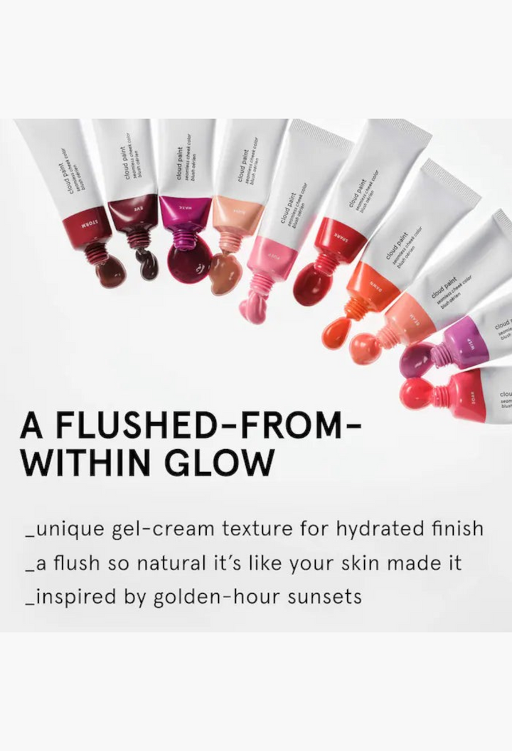 GLAM MODA Cloud Paint gel-cream blush tubes in various shades arranged in a fan shape for a natural dewy finish