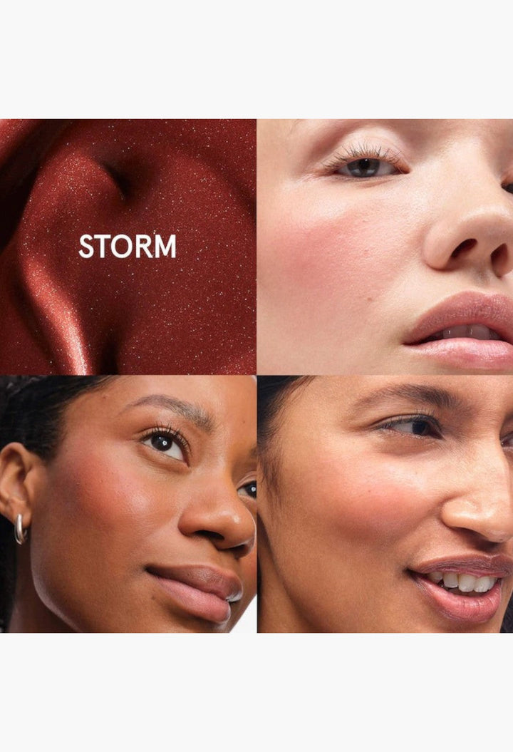 GLAM MODA Cloud Paint gel-cream blush in Storm shade, shown as a swatch and applied on diverse skin tones.