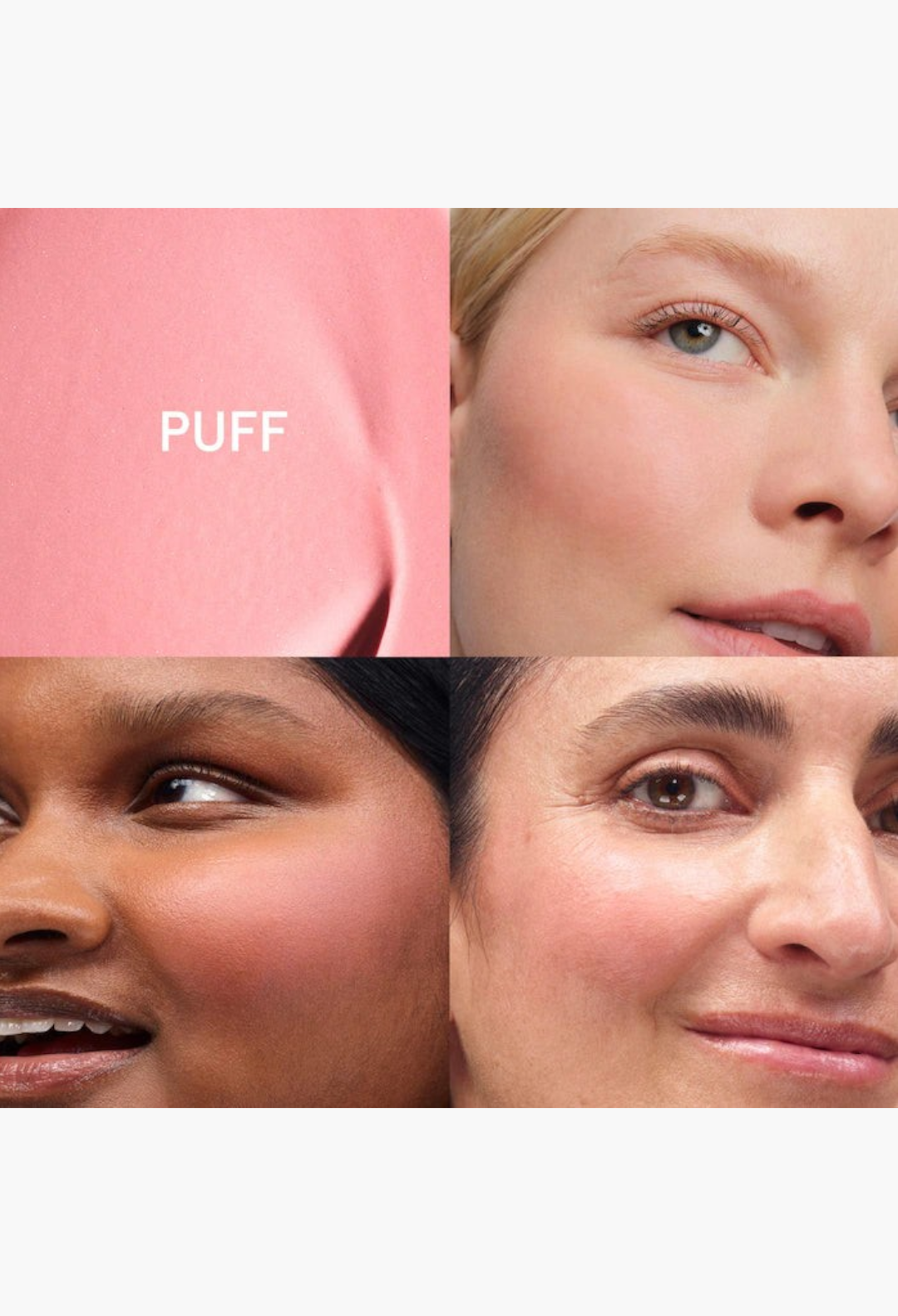 GLAM MODA Cloud Paint gel-cream blush in Puff shade, shown as a swatch and applied on diverse skin tones.