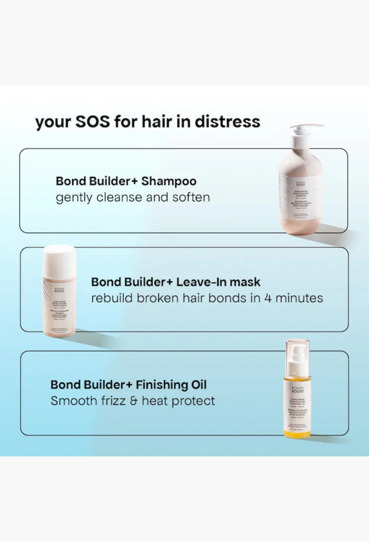GLAM MODA Bond Builder+ hair care set including shampoo, leave-in mask, and finishing oil for repairing damaged hair.
