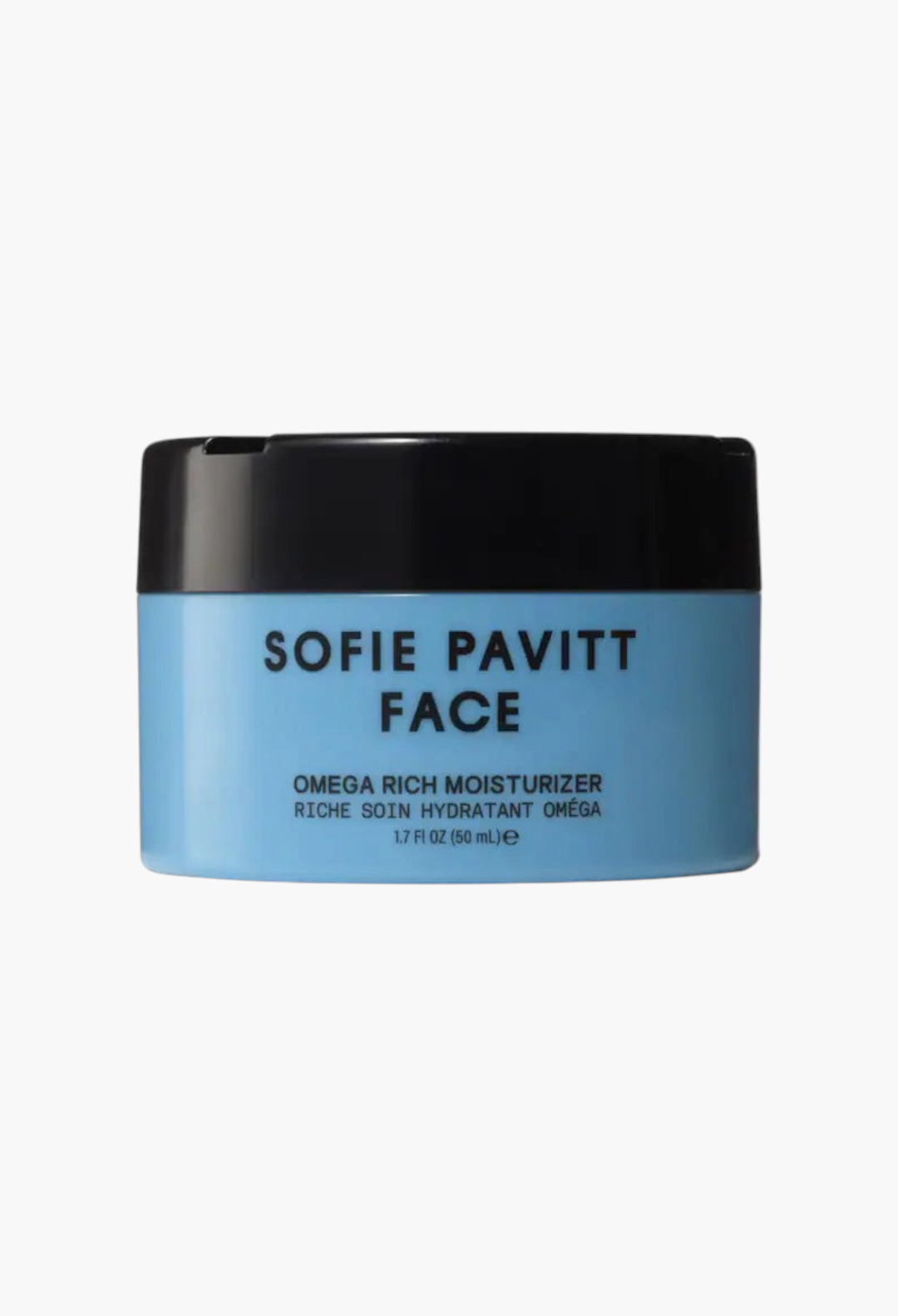 GLAM MODA Omega Rich Moisturizer in a light blue jar with a black lid for hydrating and smoothing skin texture.