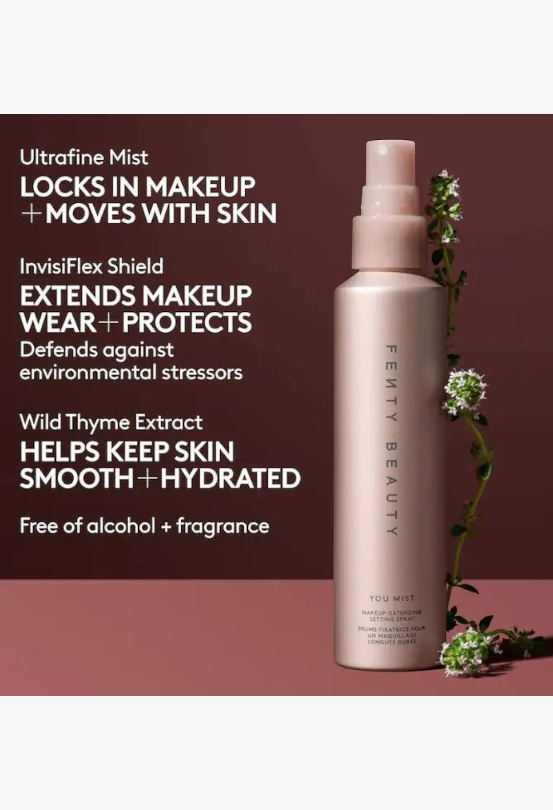 GLAM MODA You Mist makeup-extending setting spray in a pale pink bottle with a spray nozzle and botanical accents.