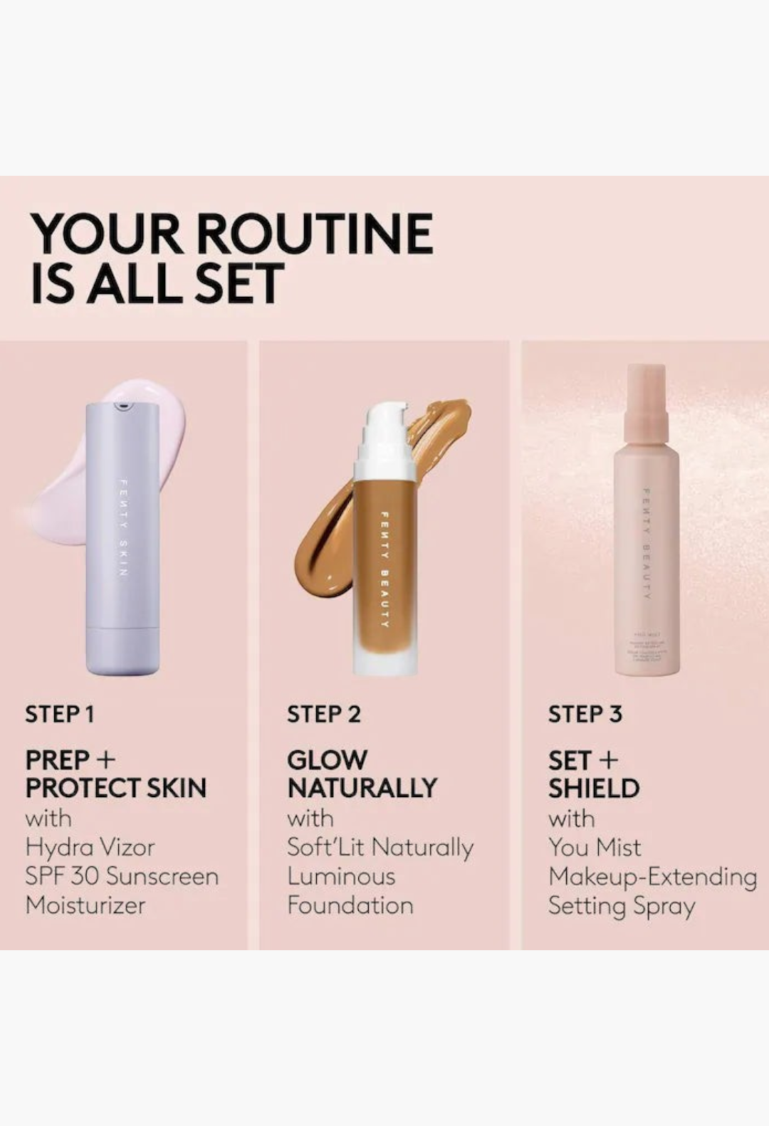 GLAM MODA skincare and makeup routine guide featuring Fenty Beauty sunscreen, luminous foundation, and setting spray.