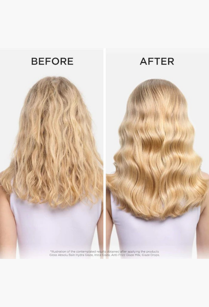 GLAM MODA hair transformation showing before and after results of Gloss Absolu conditioner for smooth glossy hair