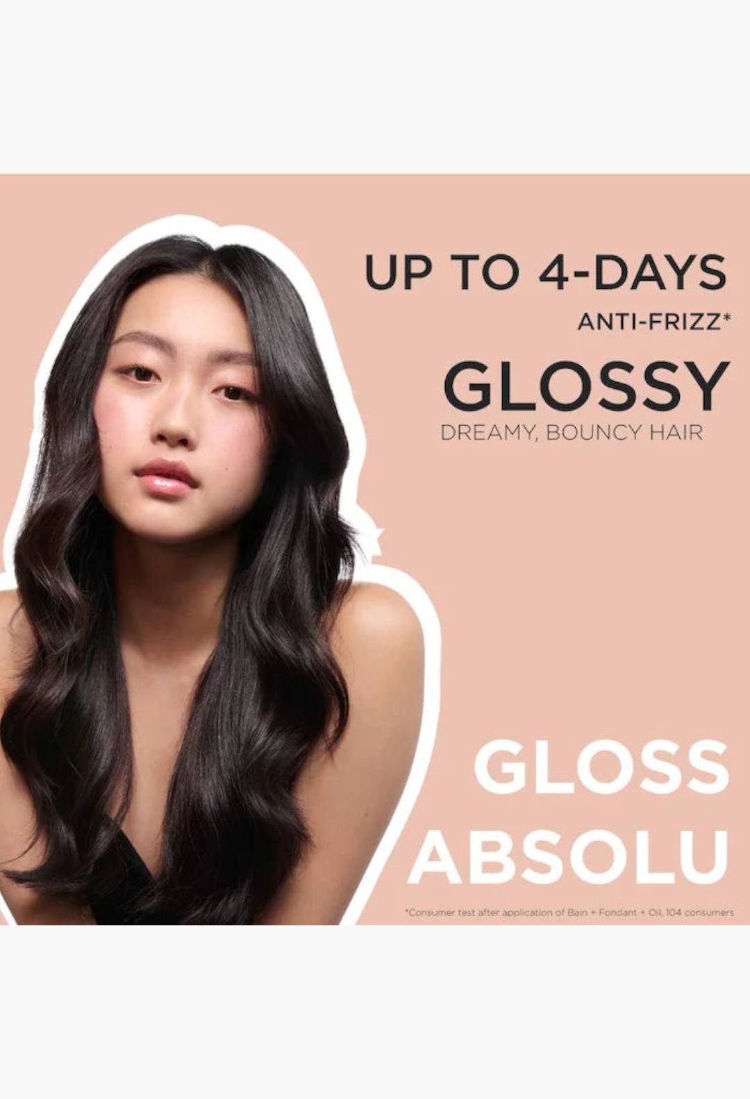 GLAM MODA Gloss Absolu conditioner ad featuring a woman with long, shiny, wavy dark hair for anti-frizz results.
