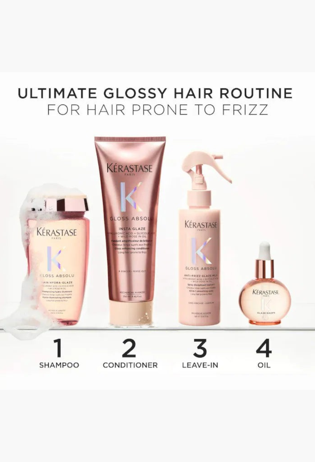 GLAM MODA Kerastase Gloss Absolu hair care set including shampoo, conditioner, leave-in spray, and oil for glossy hair.
