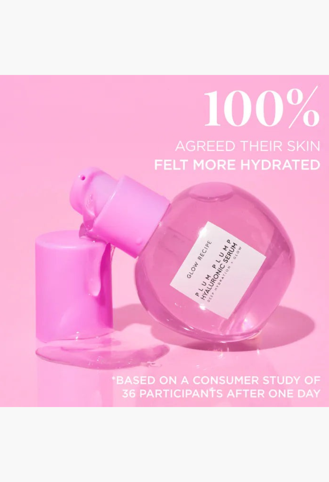 GLAM MODA Plum Plump Hyaluronic Serum bottle with pink cap, dripping serum on a pink background with hydration claim.