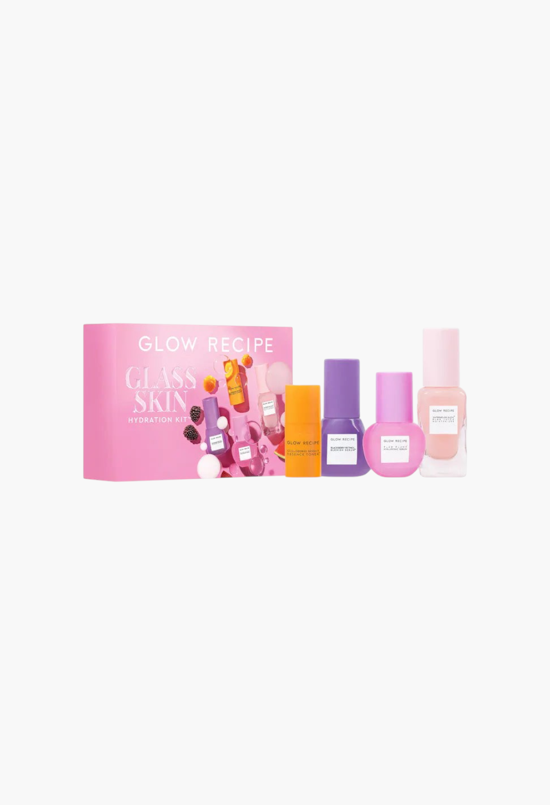 GLAM MODA Glass Skin Hydration Kit featuring four colorful skincare bottles and a matching pink product box.