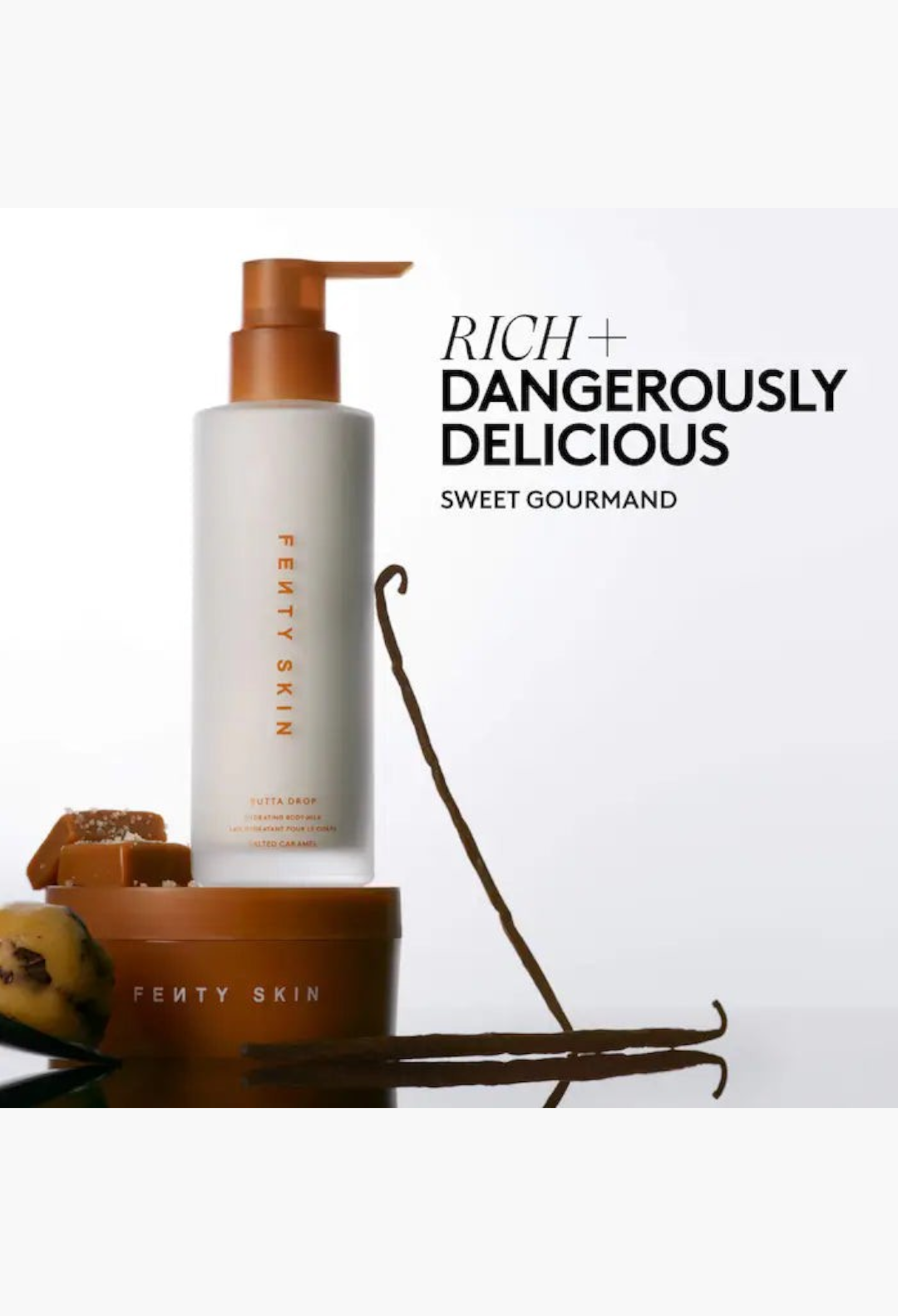 GLAM MODA Fenty Skin Butta Drop Hydrating Body Milk in a white pump bottle with vanilla and caramel accents.