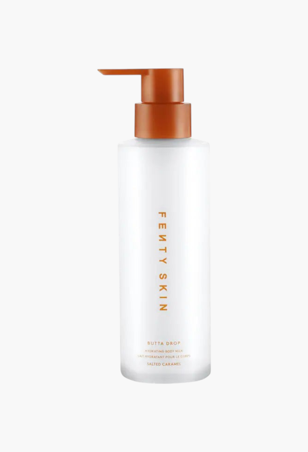 GLAM MODA Fenty Skin Butta Drop hydrating body milk in a clear pump bottle with a brown cap.