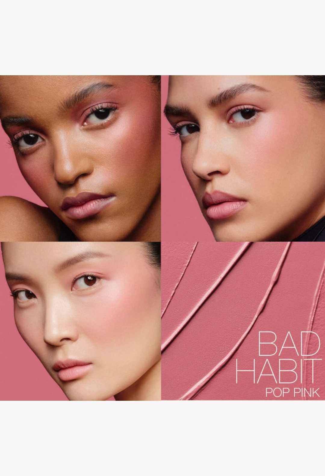 GLAM MODA The Multiple Soft Blur Blush Stick in Bad Habit Pop Pink applied on three diverse models for a blurred look