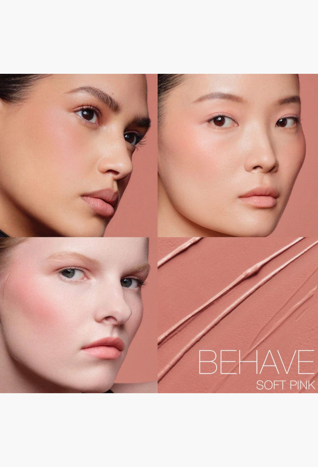 GLAM MODA The Multiple Soft Blur Blush Stick in Behave soft pink applied on three models for a natural makeup look