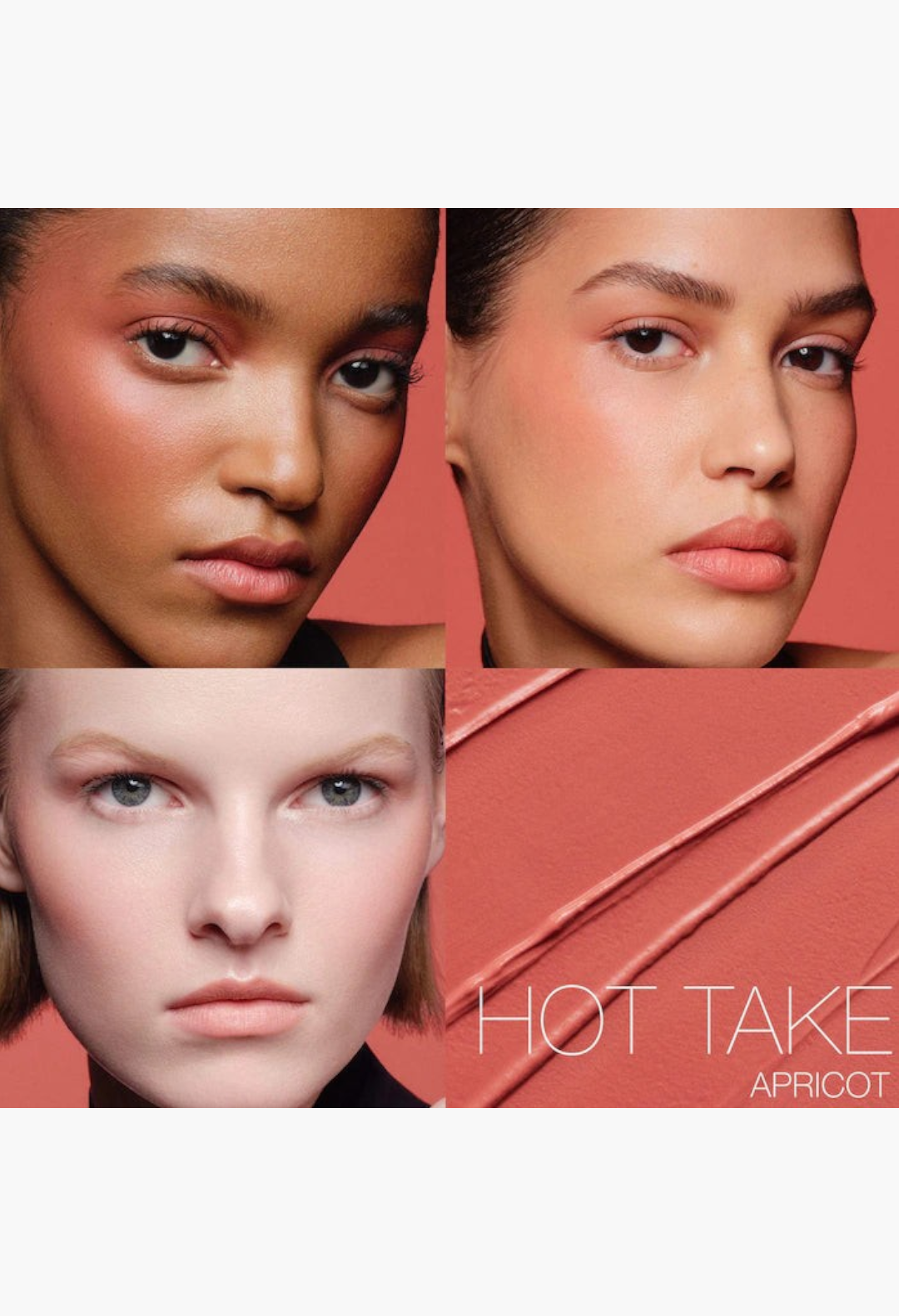 GLAM MODA The Multiple soft blur blush stick in Hot Take apricot shade applied on diverse skin tones for a glow