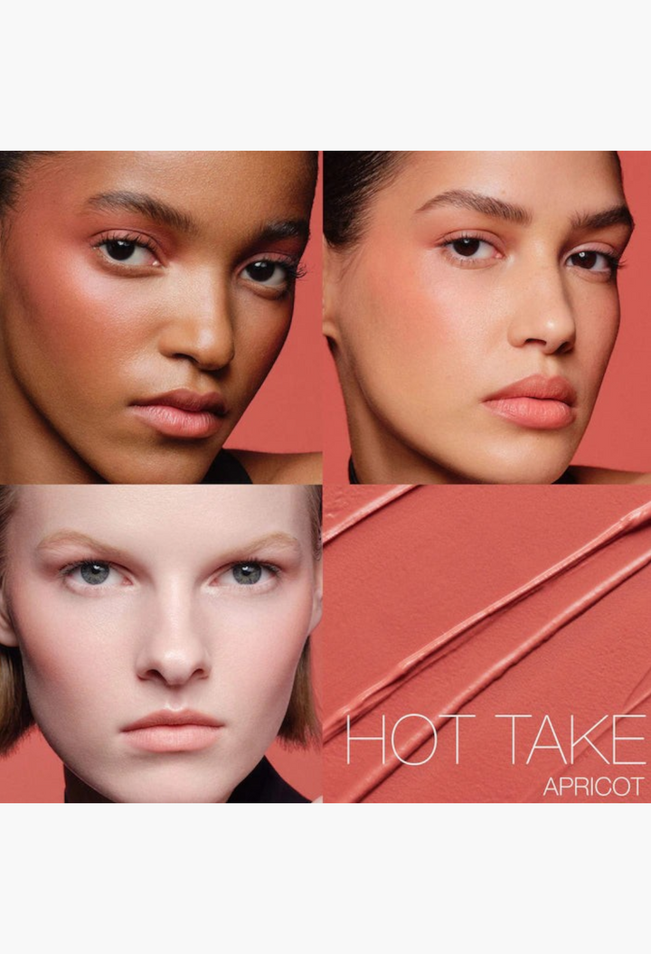 GLAM MODA The Multiple soft blur blush stick in Hot Take apricot shade applied on diverse skin tones for a glow