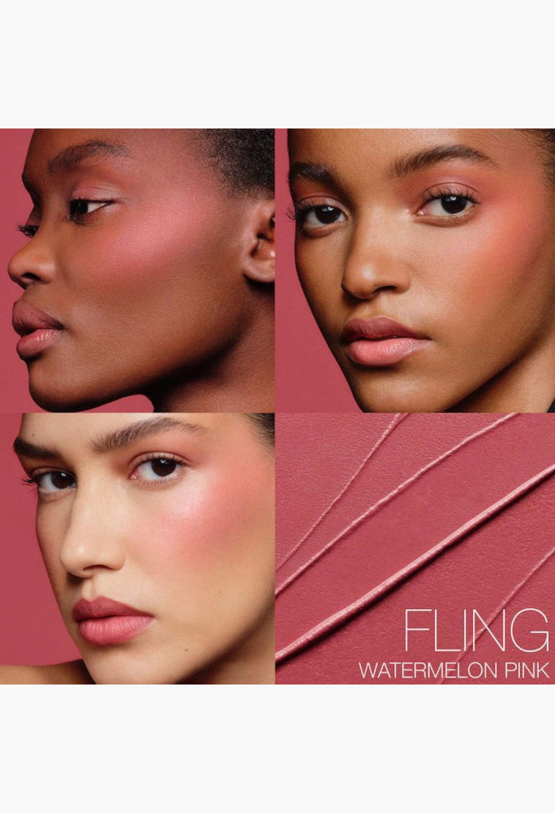 GLAM MODA The Multiple Soft Blur Blush Stick in Fling Watermelon Pink applied on cheeks and lips of diverse models