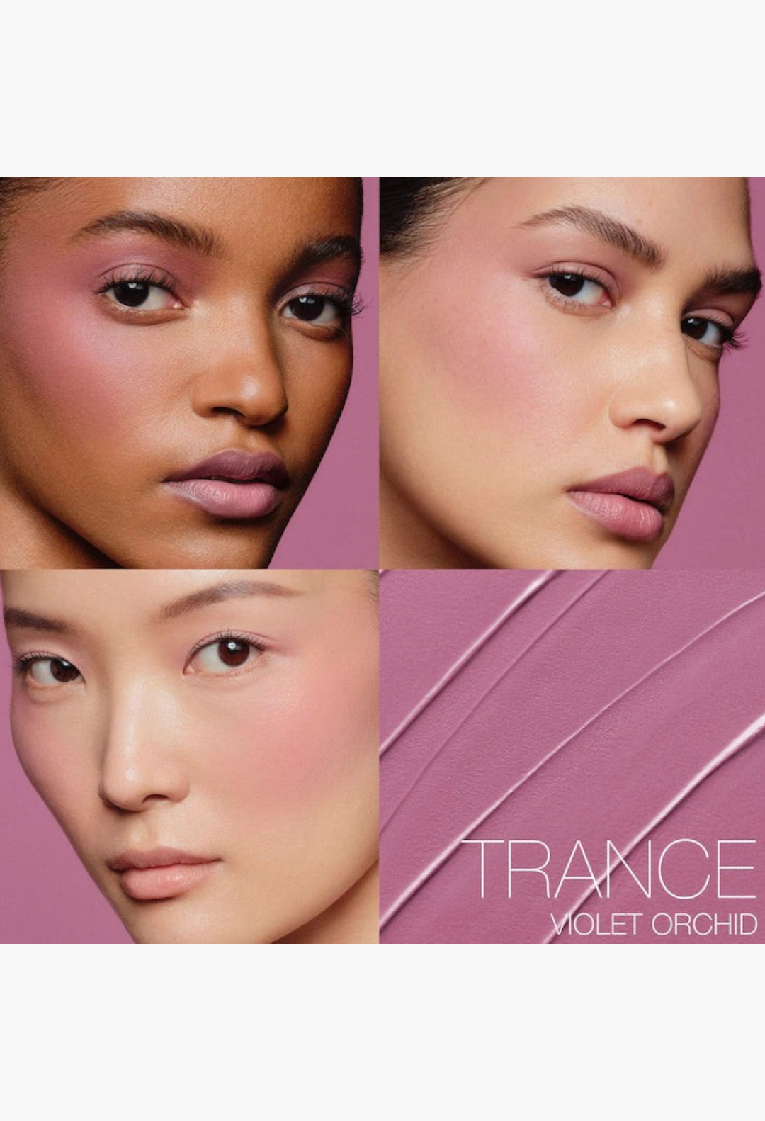 GLAM MODA The Multiple Soft Blur Blush Stick in Trance Violet Orchid applied on three diverse models for a blurred look
