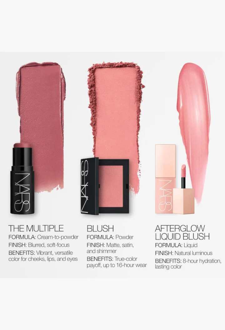 GLAM MODA NARS makeup collection featuring The Multiple blush stick, powder blush, and Afterglow liquid blush swatches