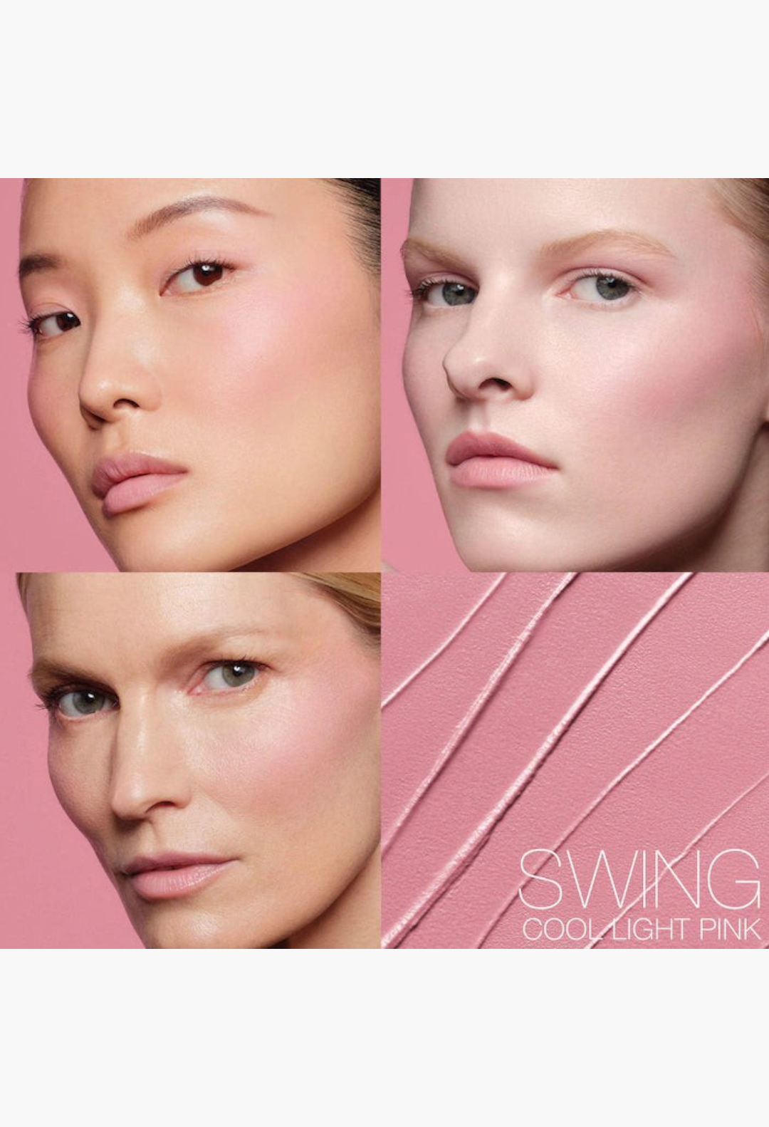 GLAM MODA The Multiple Soft Blur Blush Stick in Swing, a cool light pink shade applied to cheeks, eyes, and lips.
