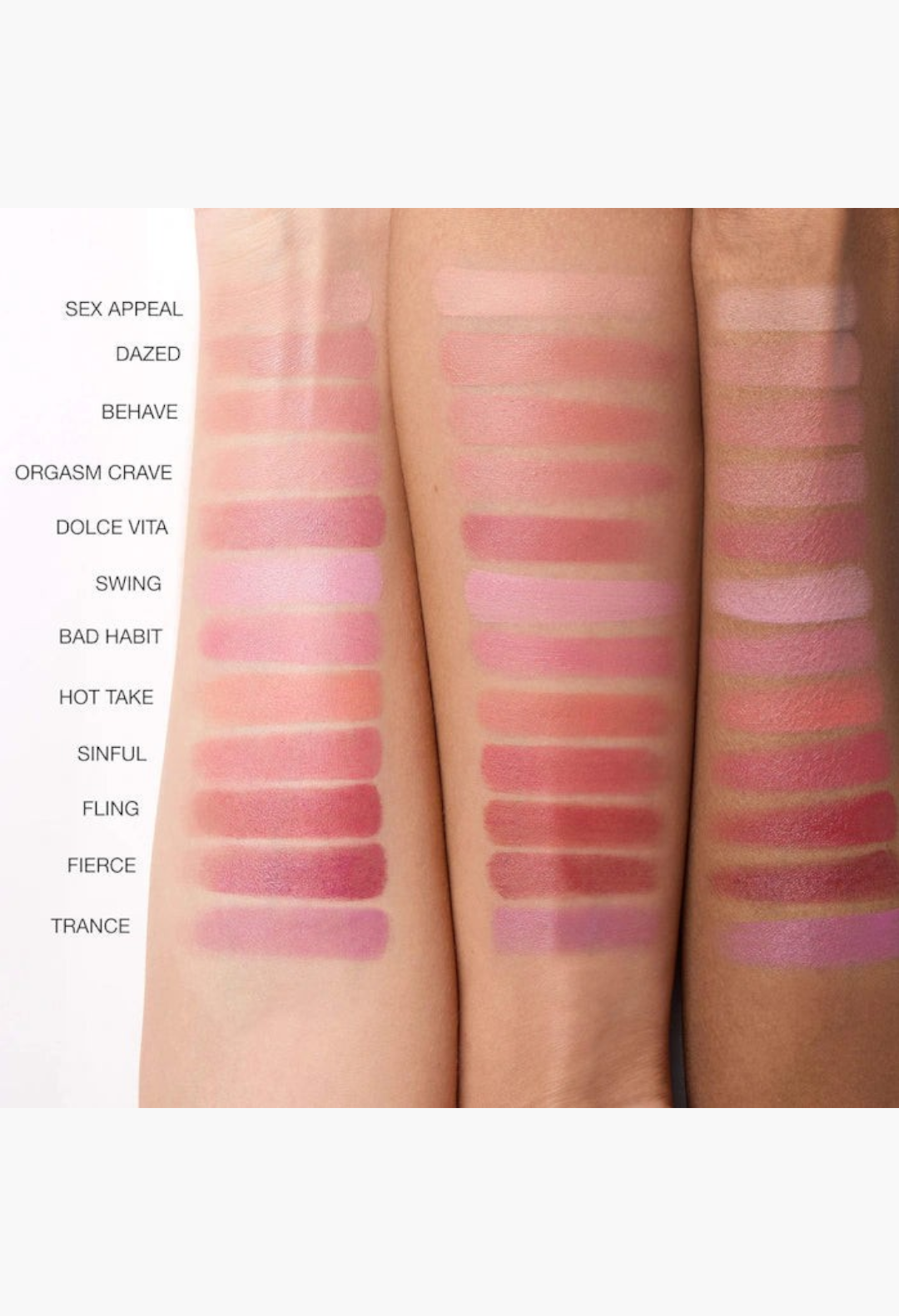 GLAM MODA Multiple Soft Blur Blush Stick swatches on three different skin tones showing 12 vibrant cream-to-powder shades