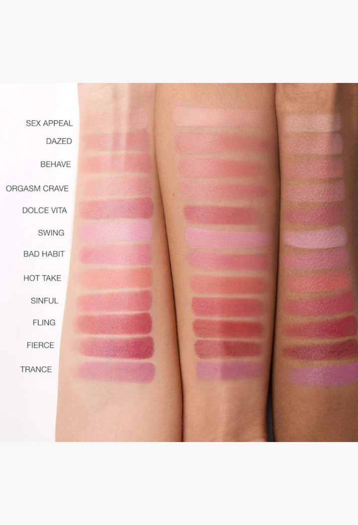 GLAM MODA Multiple Soft Blur Blush Stick swatches on three different skin tones showing 12 vibrant cream-to-powder shades