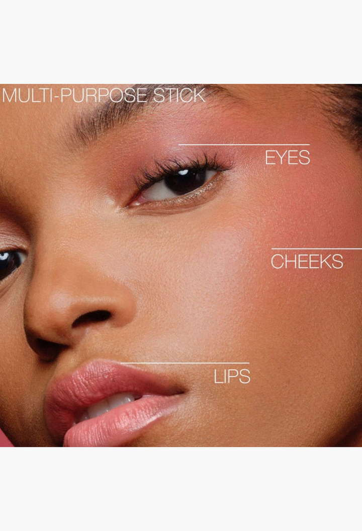 GLAM MODA multipurpose blush stick applied to eyes, cheeks, and lips for a soft-focus, monochromatic makeup look.