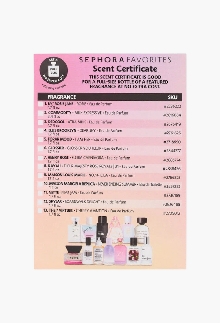GLAM MODA perfume sampler set scent certificate with a list of 13 fragrance options and various perfume bottles below.