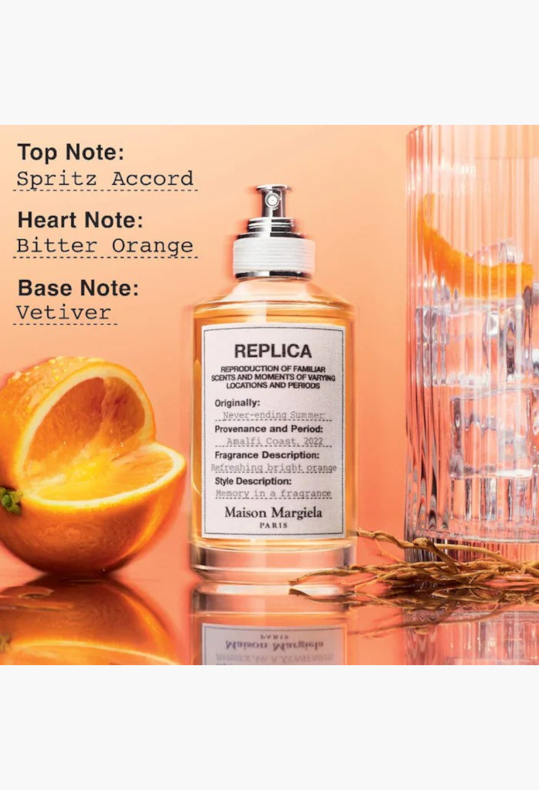 GLAM MODA Maison Margiela Replica Never Ending Summer perfume bottle with orange peel accents and a glass of water.