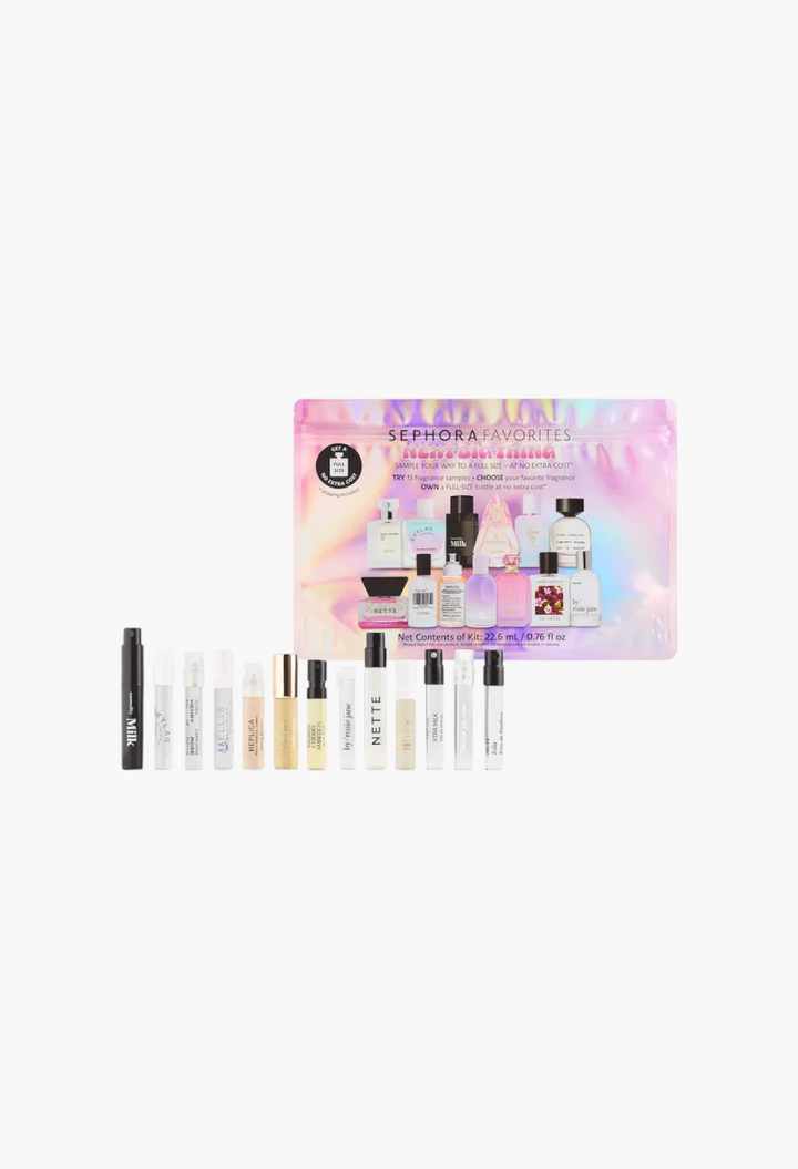 GLAM MODA Next Big Thing perfume sampler set featuring 13 fragrance vials and a redeemable full-size scent voucher.