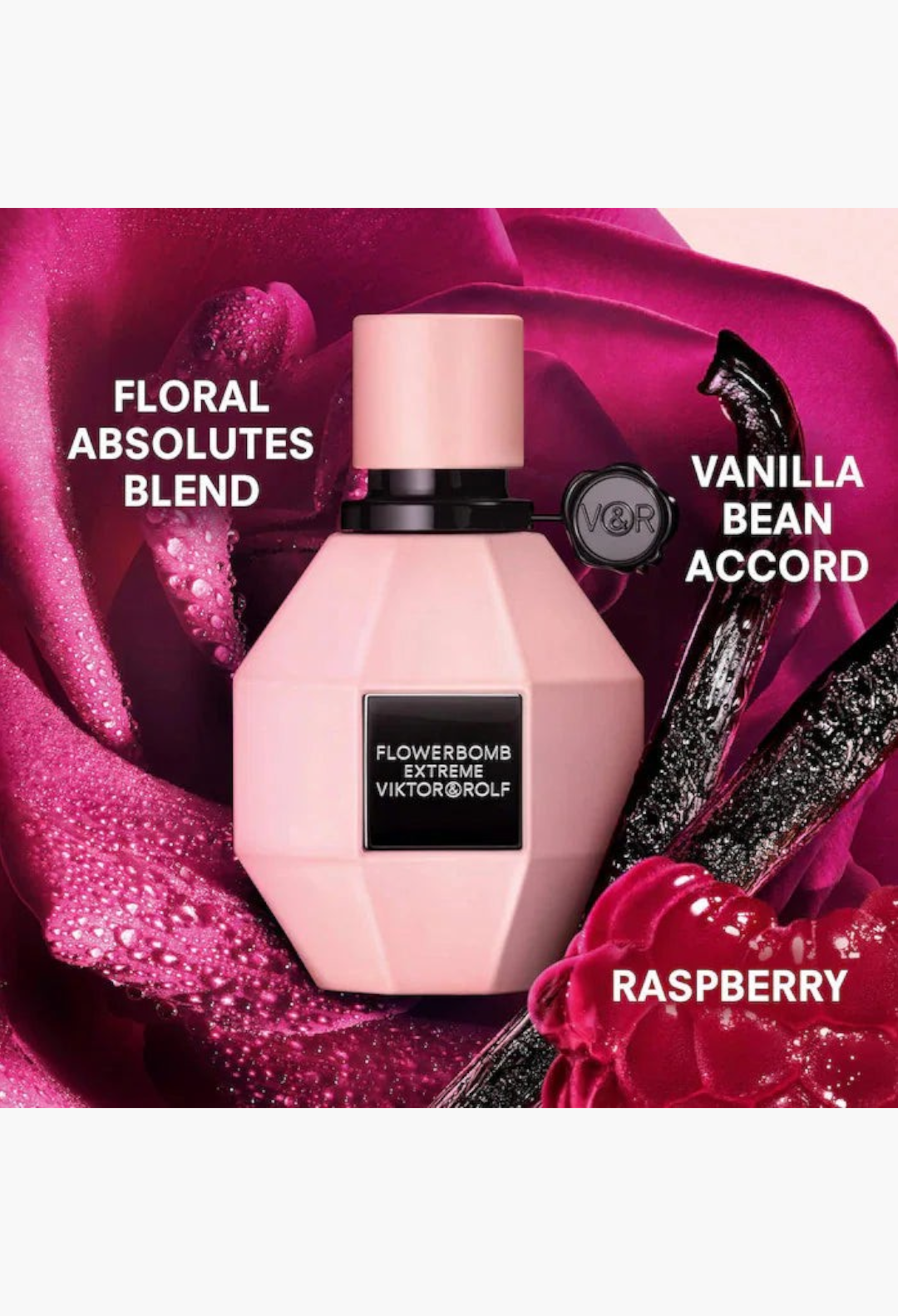 GLAM MODA Viktor&Rolf Flowerbomb Extreme perfume bottle in pink with vanilla bean accents and abstract purple splash