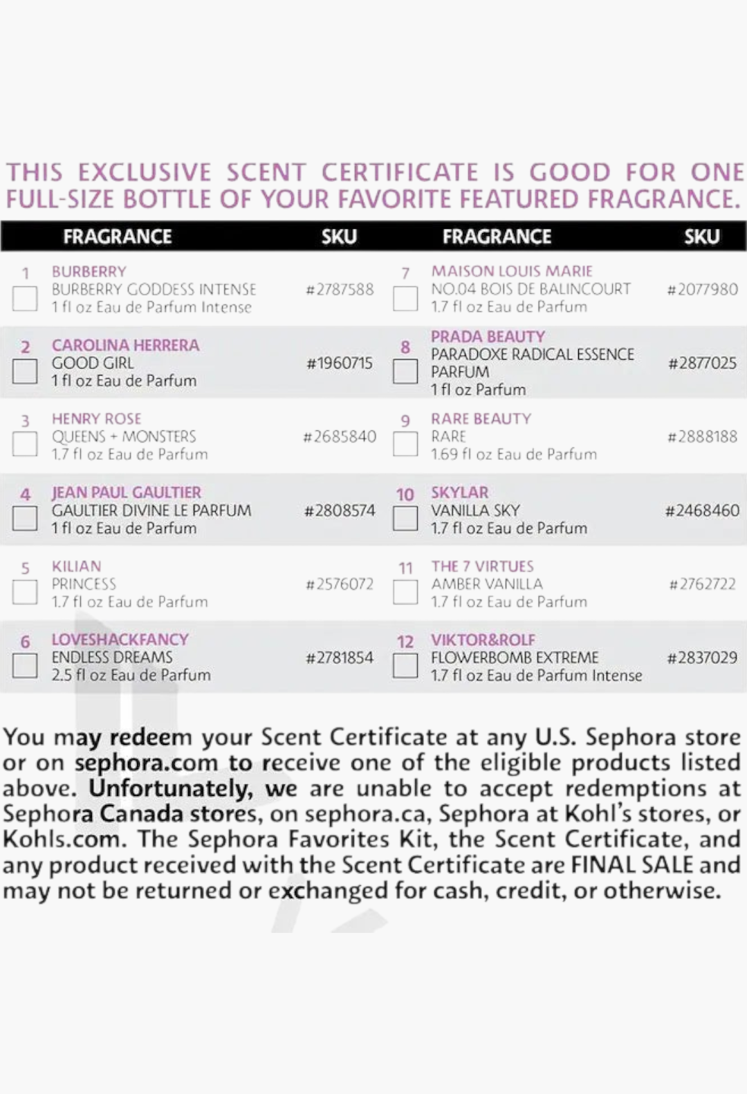 GLAM MODA perfume sampler set scent certificate listing 12 luxury fragrance options for full-size redemption.