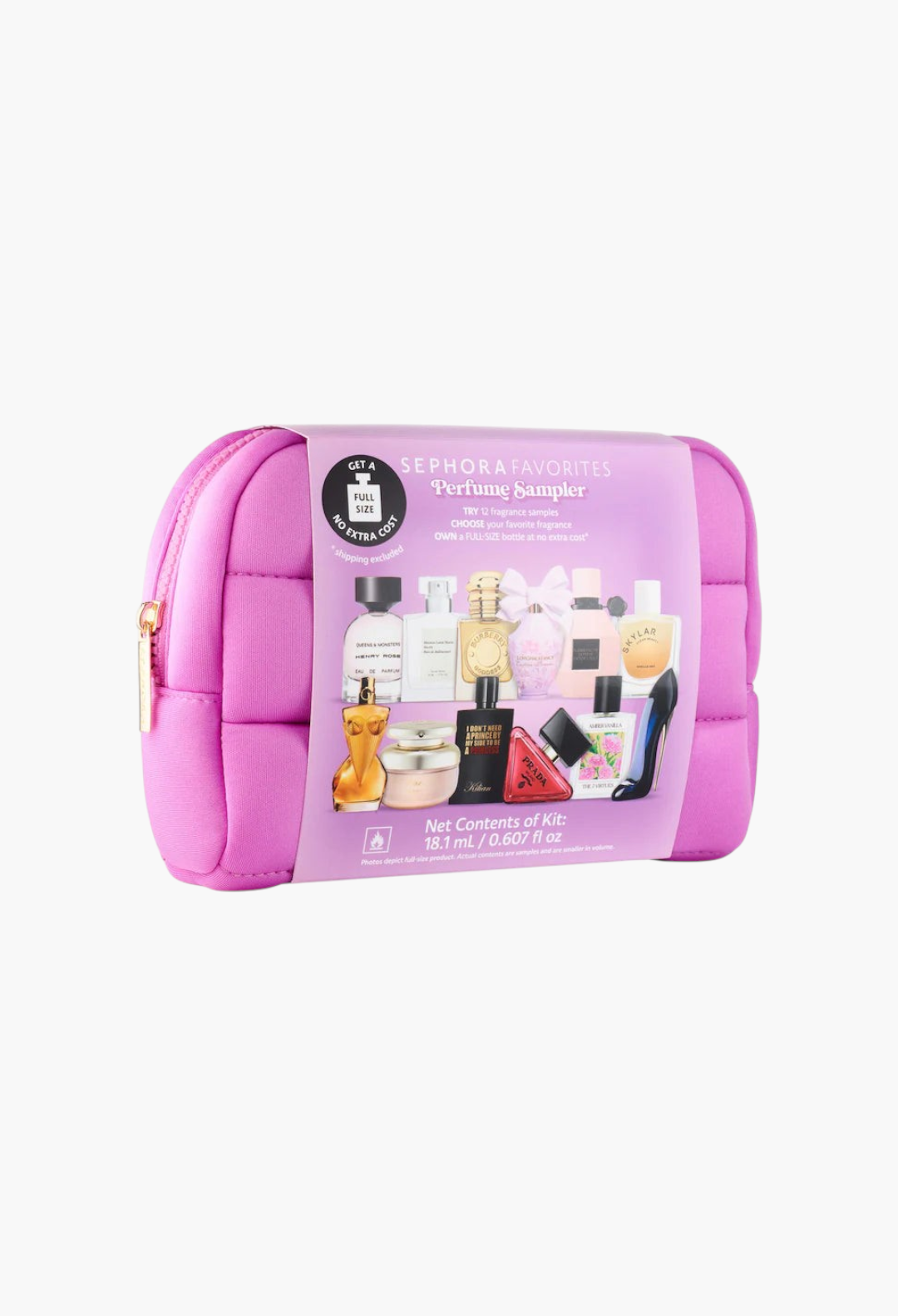GLAM MODA perfume sampler set in a pink quilted pouch containing 12 assorted floral and vanilla fragrance vials.