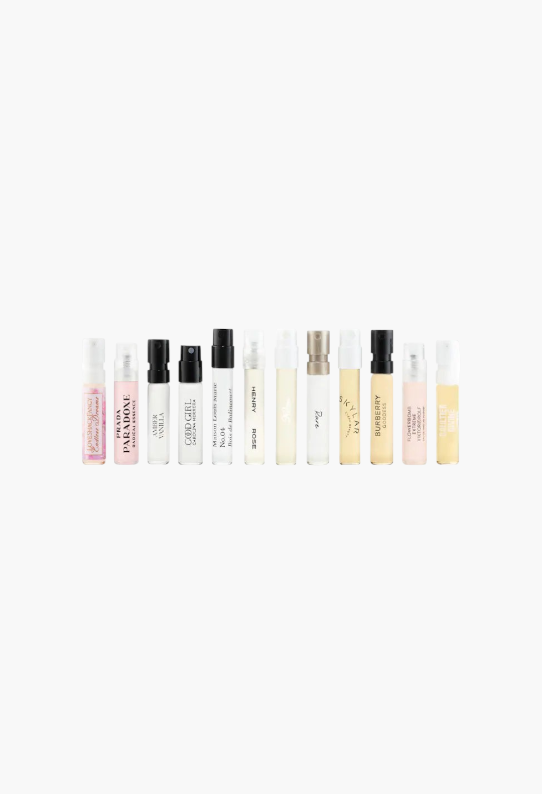 GLAM MODA perfume sampler set featuring 12 assorted luxury fragrance vials with floral and vanilla scents.