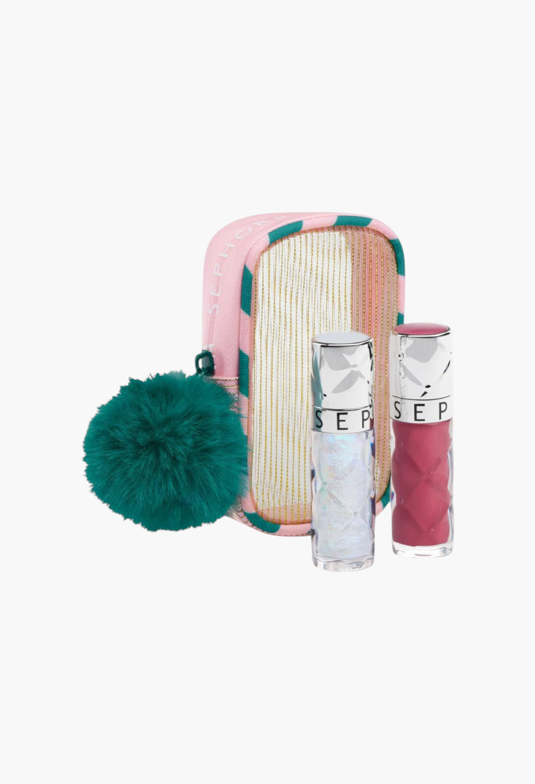 GLAM MODA Outrageous Lip Plumper duo set with a shimmering clear gloss, rosewood gloss, and a festive gold-thread pouch