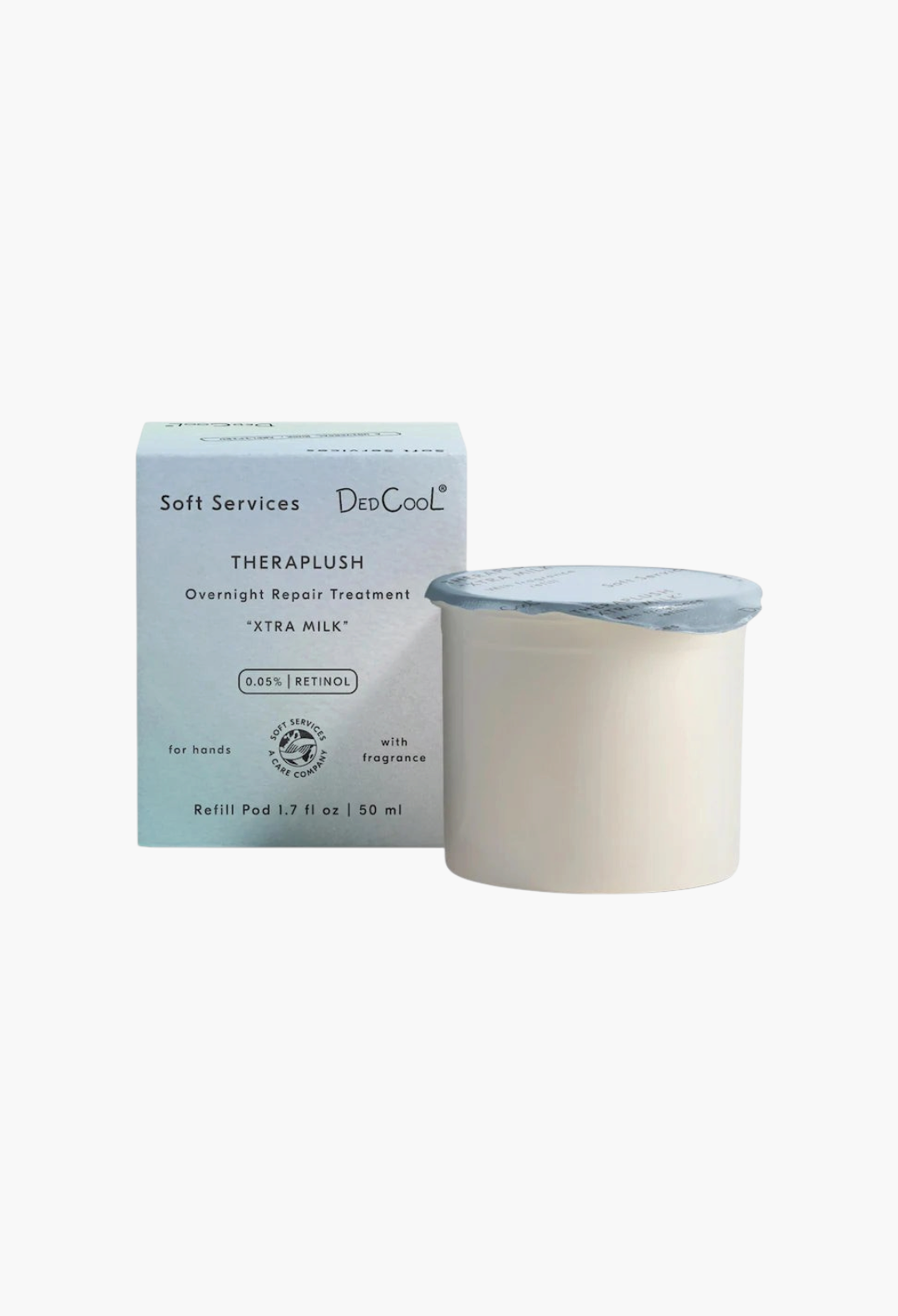 GLAM MODA Soft Services x DedCool Theraplush Xtra Milk retinol hand repair cream refill pod and packaging box.