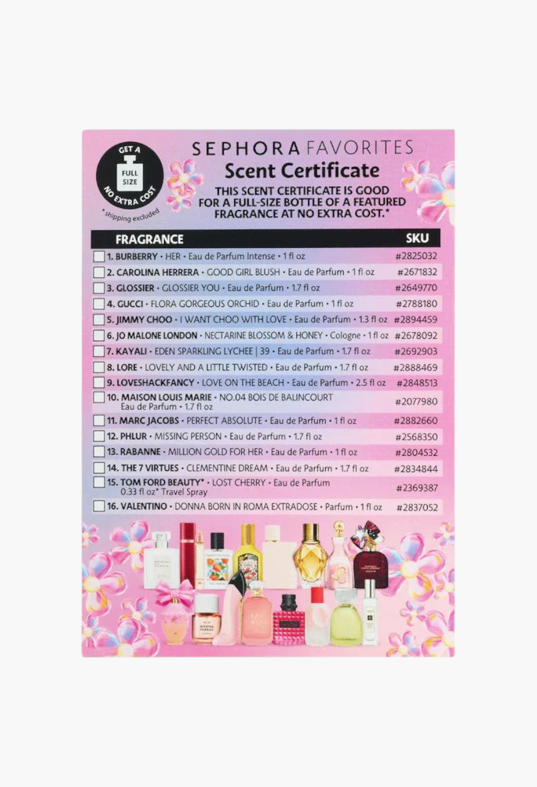 GLAM MODA Sephora Favorites perfume sampler set card featuring 16 fragrance options and a full-size scent voucher.