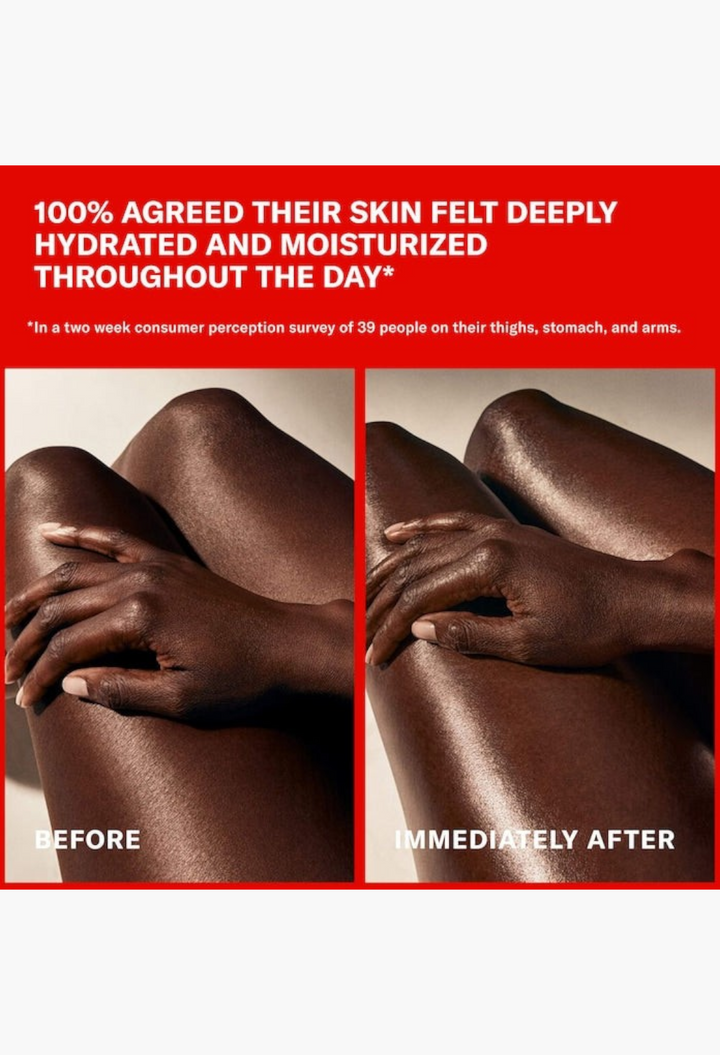 GLAM MODA before and after comparison showing hydrated, glowing skin after using whipped argan oil body butter.