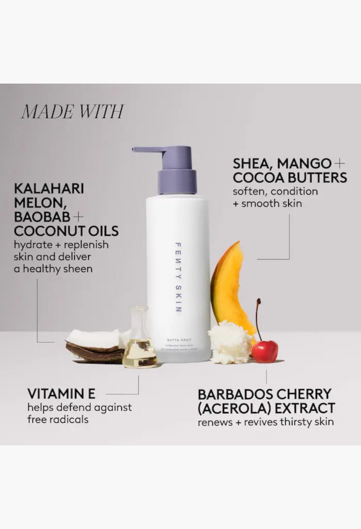 GLAM MODA Fenty Skin Butta Drop hydrating body milk in a white pump bottle surrounded by coconut, mango, and cherry.