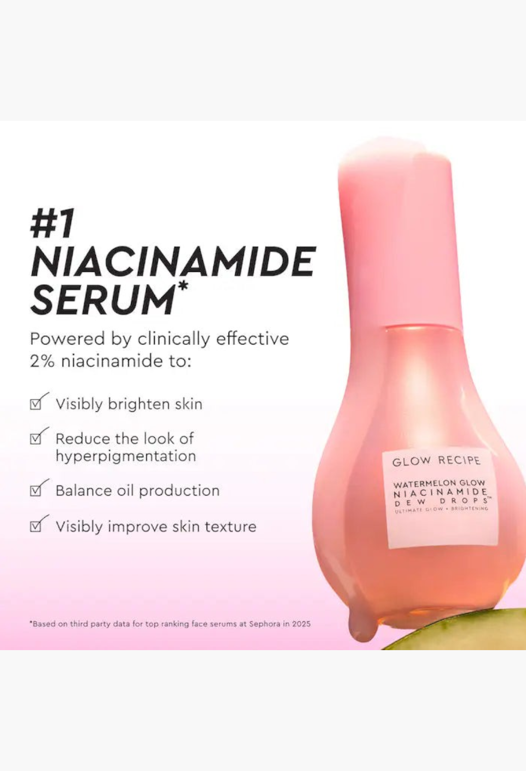 GLAM MODA Glow Recipe Watermelon Glow Niacinamide Dew Drops serum bottle with brightening and pore-refining benefits